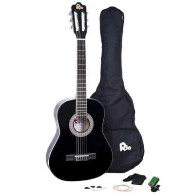 Abbildung von Akustikgitarre Rio Größe 3/4 für Kinder Passend 912 Jahre, inkl. Tasche, Gurt, Plektren, Stimmpfeifen und DVD 36&#039;&#039; schwarz