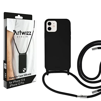 Abbildung von Artwizz HangOn Case kompatibel mit iPhone 12/12 PRO Elastische Schutzhülle aus Silikon als Handykette zum Umhängen Band Schwarz