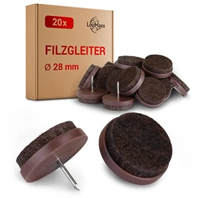 Abbildung von LouMaxx Stuhl Filzgleiter mit Nagel rund, Ø 28mm Dunkelbraun Stuhlgleiter 3mm dickem Filz für Stühle Premium Stuhlbeinschoner auch Möbel 20 Stück