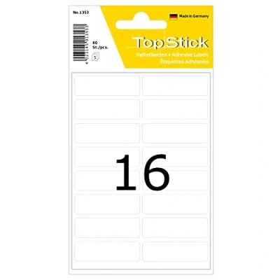 Abbildung von TopStick 1353 Vielzweck Etiketten mini, 800 Stück, 40 x 13 mm, 16 pro Bogen, selbstklebend, Haushaltsetiketten zum Beschriften, matt, blanko Papier Klebeetiketten Aufkleber, weiß