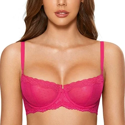Abbildung von DOBREVA Balconette BH Damen mit Bügel Push Up Dirndl Spitze BHS Sexy Grosse Grössen Ungefüttert Helle Rose 70B