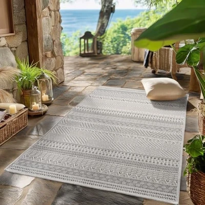 Abbildung von SIMPEX Outdoor Teppich Wetterfest Grau 80x250 cm Läufer, UV beständig, ideal für Küche, Balkon, Terrasse auch Wohnzimmer und Esszimmer, Skandinavisches Boho Design, Pfelgeleicht