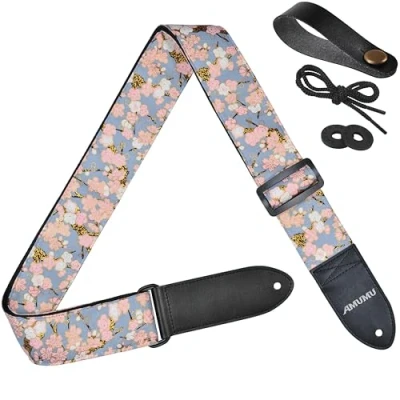 Abbildung von AMUMU Gitarrengurt mit Kirschblütenmotiv, aus Baumwolle rosa Blumenmuster und Enden echtem Leder für Bass , E Akustikgitarren
