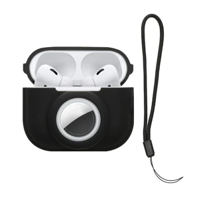 Abbildung von kwmobile 2 in1 Hülle kompatibel mit Apple Airpods Pro und AirTag Kopfhörer Case Weiches Silikon Cover Schutzhülle Karabiner Schwarz
