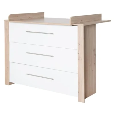 Abbildung von roba Wickelkommode Malo inkl. abnehmbarem Wickelaufsatz Wickeltisch mit 3 Schubladen Metallgriffen Holz weiß/Dekor Artisan Eiche