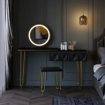 Abbildung von Vicco Schminktisch Bella, Schwarz Hochglanz, 120 cm mit LED Spiegel und Hocker
