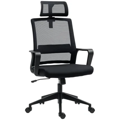Abbildung von HOMCOM Bürostuhl Ergonomischer Schreibtischstuhl mit Armlehne, Verstellbar Kopfstütze, Höhenverstellbarer Mesh Drehstuhl Wippfunktion, Schwarz