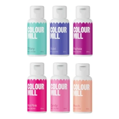 Abbildung von Colour Mill Oil Blend Set Fairy Tale Lebensmittelfarben auf Ölbasis Lebensmittelfarben: Tiffany, Violet, Fuschia, Hot Pink, Candy, Peach Food Coloring für Tortendeko Set/6