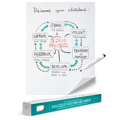 Abbildung von EasyCling® Magique Whiteboard Folie Selbstklebend Elektrostatische mit 25 Blatt &amp; 1 Boardmarker Inkl, Abwischbar und Wiederbeschreibbar, Geeignet für alle glatten Flächen, 60 x 80cm (Gridded)