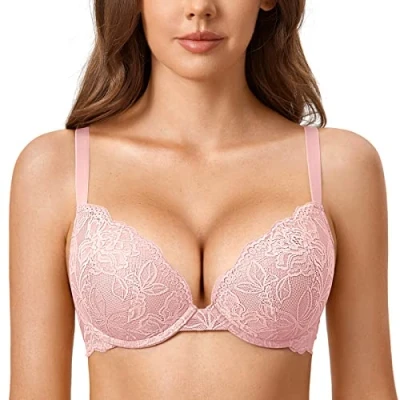 Abbildung von DOBREVA Damen Push Up BH Mit Spitze Gepolstert Plunge Bügel Vollschalen BHS Gemoldete Cups Nacktes Rosa 75E