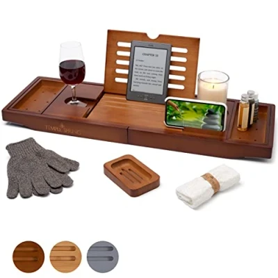 Abbildung von TEMPLE SPRING Badewannenablage Bambus mit Kerzen , Weinglas Buch Tablet iPad und Telefonhalter. Badewannentablett ausziehbar, Holz, Bathtub Tray 100% (Braun)