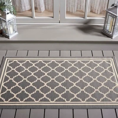 Abbildung von SAFAVIEH Geometrisch Teppich für Innen &amp; Außenbereich Wasserdicht Courtyard Collection, Kurzer Flor, Anthrazit und Beige, 79 X 152 cm