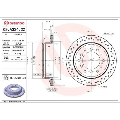 Abbildung von BREMBO Bremsscheibe TOYOTA: Land Cruiser Prado 150, FJ Cruiser, LEXUS: GX II 312mm 18mm 6 gelocht/innenbel. beschichtet 09.A334.2X Bremsscheiben
