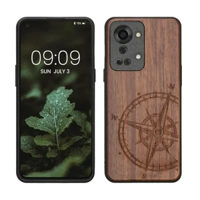 Abbildung von kwmobile Hülle kompatibel mit OnePlus Nord 2T 5G Holz Case Handy Cover TPU Handyhülle in Dunkelbraun Kompass Vintage