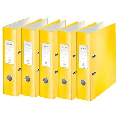 Abbildung von Leitz Qualitäts Ordner 180, 5er Pack, A4, 8 cm Rückenbreite, laminierte Graupappe, Gelb, WOW Serie, Design kann variieren, 10054016