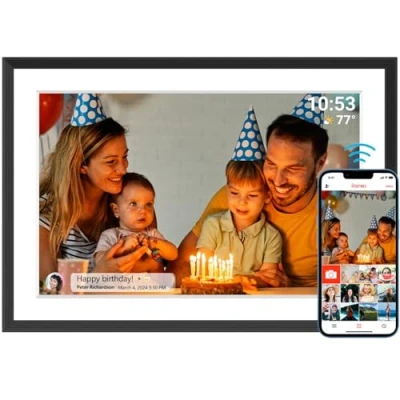 Abbildung von 32GB Digitaler Bilderrahmen WLAN 10,1 Zoll 1280x800 IPS LCD Touchscreen, Eingebauter Speicher Auto Rotat Wandmontagefähig, Teilen Sie Momente sofort über Frameo App von überall