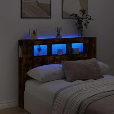 Abbildung von vidaXL LED Kopfteil, Bettkopfteil mit Leuchten, Betthaupt Ablagen, Bettzubehör Schlafzimmer, Räuchereiche 140x18,5x103,5cm Holzwerkstoff