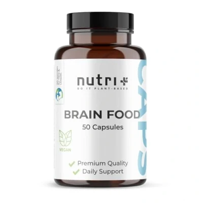 Abbildung von Nutri + Konzentrations Tabletten Brain Booster 50 Kapseln Gehirn Fokus Leistung Supplement mit Koffein, Cholin, Ginseng Brainfood vegan