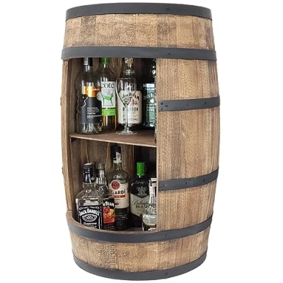 Abbildung von weeco Fass Weinregal Holz Alkohol Schrank Barschrank 80cm. Deko Regal Hausbar Theke Fassmöbel Geschenk. Rustikale Kommode Weinschrank Mini Bar.