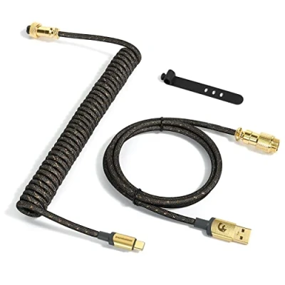 Abbildung von MAMBASNAKE C03 Coiled USB C Kabel für Gaming Tastatur, Starlight Geflochtenes Tastaturkabel, Typ bis A, Braided Cable C, Spiral Tastaturkabel Abnehmbare Gold Luftfahrtanschluss Grau