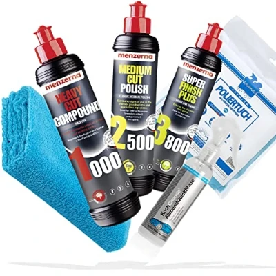 Abbildung von detailmate Menzerna Auto Polituren Set: Heavy Cut Compound 1000 + Medium 2500 Super Finish 3500 Koch Chemie Allround Quick Shine 140 ml Mikrofasertuch 40x40cm