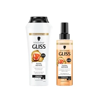 Abbildung von Gliss Shampoo Total Repair (250 ml), Haarshampoo mit flüssigem Keratin &amp; Blüten Nektar, Pflegeshampoo Express Spülung (200 Haarspülung Pflegespülung Hitzeschutz