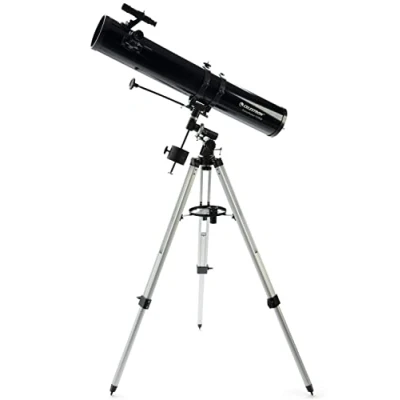 Abbildung von Celestron 21045 PowerSeeker 114EQ Spiegelteleskop mit Zwei Okularen, Einer Barlow Linse, höheneinstellbares Stativ und Luxus Zubehörschale, Schwarz