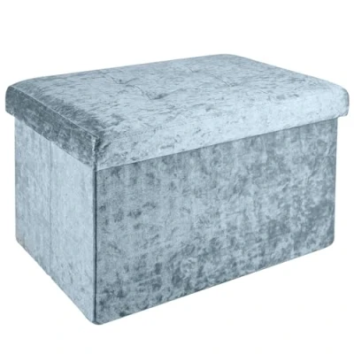 Abbildung von INTIRILIFE Faltbare Sitzbank 49x30x30cm in Samt Blaugrau Sitzwürfel mit Stauraum und Deckel Samtbezug Sitzcube Fußablage klappbare Aufbewahrungsbox Truhe Hocker