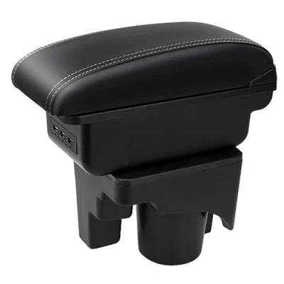 Abbildung von Auto Armlehnen für Golf 6 Mk6 2008 2013 Jetta Mk5 2006 2011 Vento Wagon 2009 2010 Doppelschicht Mittelkonsole Große Aufbewahrungsbox mit 3 USB Ladeanschluss Schwarz weißen Nähten
