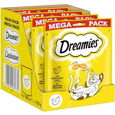 Abbildung von Dreamies Klassiker Katzensnacks mit Käse Katzenleckerli knuspriger Textur und cremiger Füllung 4 x 180g