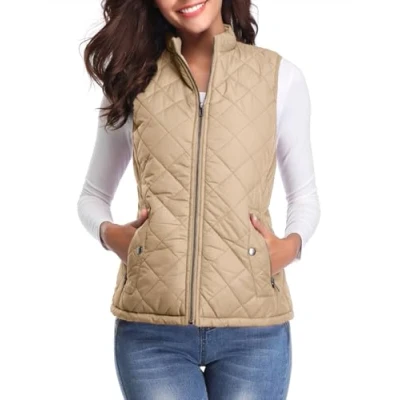 Abbildung von fuinloth Damen Weste, Leichte Steppweste Westen mit Reißverschluss Stehkragen Ärmellos Jacke Khaki S