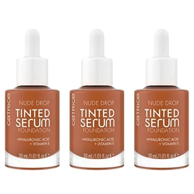 Abbildung von Catrice Nude Drop Tinted Serum Foundation, Nr. 095N, Nude, langanhaltend, mattierend, natürlich, für sensible Haut, vegan, ölfrei, ohne Parfüm, Alkohol, 3er Pack (3x30ml)