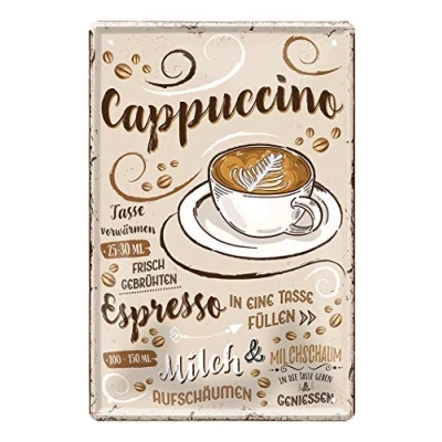 Abbildung von Cappuccino Blechschild Retro Deko Kaffee Espresso Schild Metallschild zur Dekoration von Küche Kaffeeladen Kaffeehaus American Cafe Diner Bistro Anleitung Rezept zum Selbermixen 20x30cm