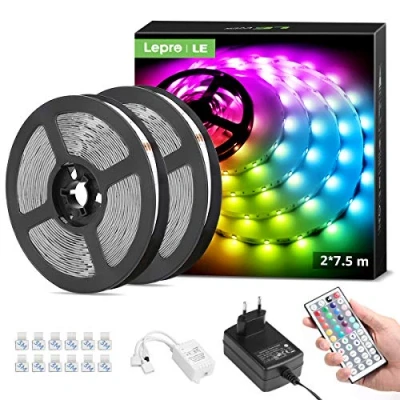 Abbildung von LE LED Strip 15M, Streifen, RGB Band, 5050 SMD 450 LEDs Stripes(2x7.5M), 12V, Selbstklebend Lichtband mit 44 Tasten Fernbedienung, Flexibel Leiste, Lichterkette für Weihnachten, Bar,TV