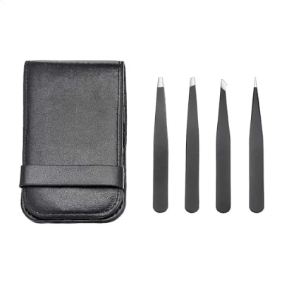 Abbildung von Amazon Basics Pinzetten Set, professionell, Edelstahl, für Gesichtshaar, Wimpern, Augenbrauen, eingewachsene Haare, mit Reiseetui, schwarz, 4Stück (Früher Marke AmazonCommercial)