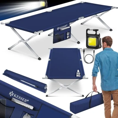 Abbildung von KESSER® Campingbett Klappbett mit Tragetasche, Seitentasche &amp; Campinglicht Stabiles Feldbett 210x73x45cm bis 150 kg Belastbar Metallrohr 600D Oxfordgewebe Tragbar Liege Reise Bequem Navyblau