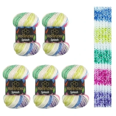 Abbildung von 5 x 100g Wollbiene Splash Batik 500 Gramm mit Farbverlauf Antipilling mehrfarbig Multicolor Strickwolle Häkelwolle Wolle Ganzjahreswolle (7010)