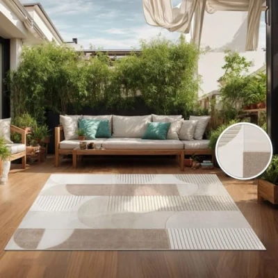 Abbildung von TT Home In &amp; Outdoor Teppich Wetterfest Balkon Küche Wohnzimmerteppich Geometrisches Muster Kreise Linien Abstrakte Optik Modern, Größe:120x170 cm