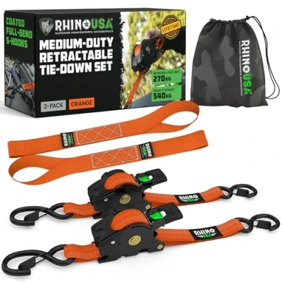 Abbildung von Rhino USA Selbstaufrollende Spanngurte (2er Pack) 2.5cm x 3m (540kg Bruchfestigkeit) Hochleistungs Automatik für LKW, Anhänger, Motorrad, Fahrrad &amp; Mehr Orange
