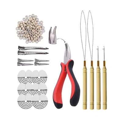 Abbildung von Microring Extensions Set: Zange, Nadel und 200 Stück 5.0mm Nanoringe mit Silikon (grau blond)