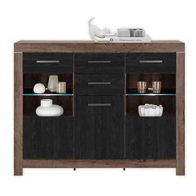 Abbildung von BALIN Highboard mit LED Beleuchtung in Canyon Eiche Optik, Schwarz Optik Moderner Wohnzimmerschrank viel Stauraum für Ihren Wohnbereich 160 x 125 45 cm (B/H/T)