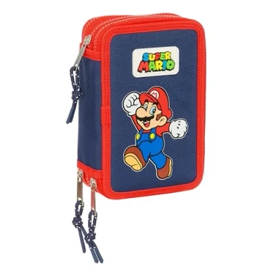 Abbildung von Super Mario World Schulmäppchen mit 36 Utensilien, Kindermäppchen, ideal für Kinder von 5 bis 14 Jahren, bequem und vielseitig, 12,5 x 5,5 19,5 cm, Marineblau, Estándar, Lässig