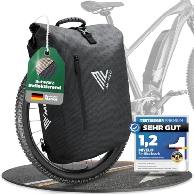 Abbildung von MIVELO 3 in 1 Fahrradtasche für Gepäckträger Rucksack Schultertasche Gepäckträgertasche 100% wasserdicht &amp; PVC frei, inkl. Laptopfach, Tasche Fahrrad 1St. (Schwarz Reflektierend)