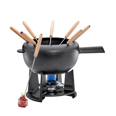 Abbildung von Spring Gusseisen Fondue Set schwarz Ø 20 cm mit 8 Fonduegabeln und Spritzschutz für Käsefondue, Fleischfondue Rechaud Brenner
