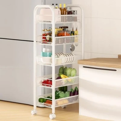 Abbildung von HshDUti Snackwagen mit Rollen, 5 stöckiger Obst Gemüsekorb, Obstkorb, Küche, Speisekammer, Organizer und Aufbewahrung, Metalldraht, Aufbewahrungswagen, Rollkammer, Mehrzweck Küchenwagen (Weiß,