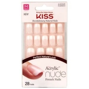 Abbildung von KISS Salon Acrylic French Nude Collection, Cashmere, mittel kurze künstliche Fingernägel in ovaler Form, enthält 28 Nägel, Nagelkleber, Nagelfeile und Manikürstäbchen