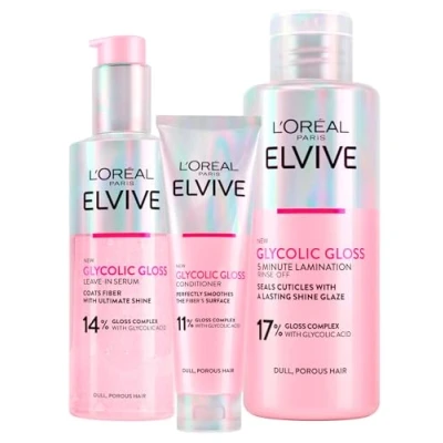 Abbildung von L&#039;Oréal Paris Elvive Glycolic Gloss Behandlung Laminierung 5 Minuten à 200 ml + Serum ohne Ausspülen 150 Conditioner Set poröses Haar intensiver und langanhaltender Glanz 3 Flaschen