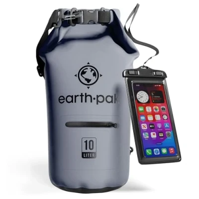 Abbildung von Earth Pak Torrent Serie Dry Bag wassersdichte Tasche mit verstellbarem Schultergurt und wasserfester Handyhülle Ideal beim Kajak Fahren Angeln Rafting Grau 10L