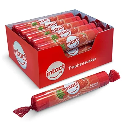 Abbildung von intact Traubenzucker (Erdbeere) Rolle 15 St. Multipack (15 x 40g) Bonbons 100% Vegan
