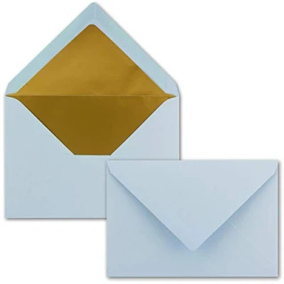 Abbildung von Kuverts in Hell Blau 75 Stück Brief Umschläge DIN C6 114 x 162 mm 11,4 16,2 cm Naßklebung matte Oberfläche &amp; Gold Metallic Fütterung ohne Fenster für Einladungen